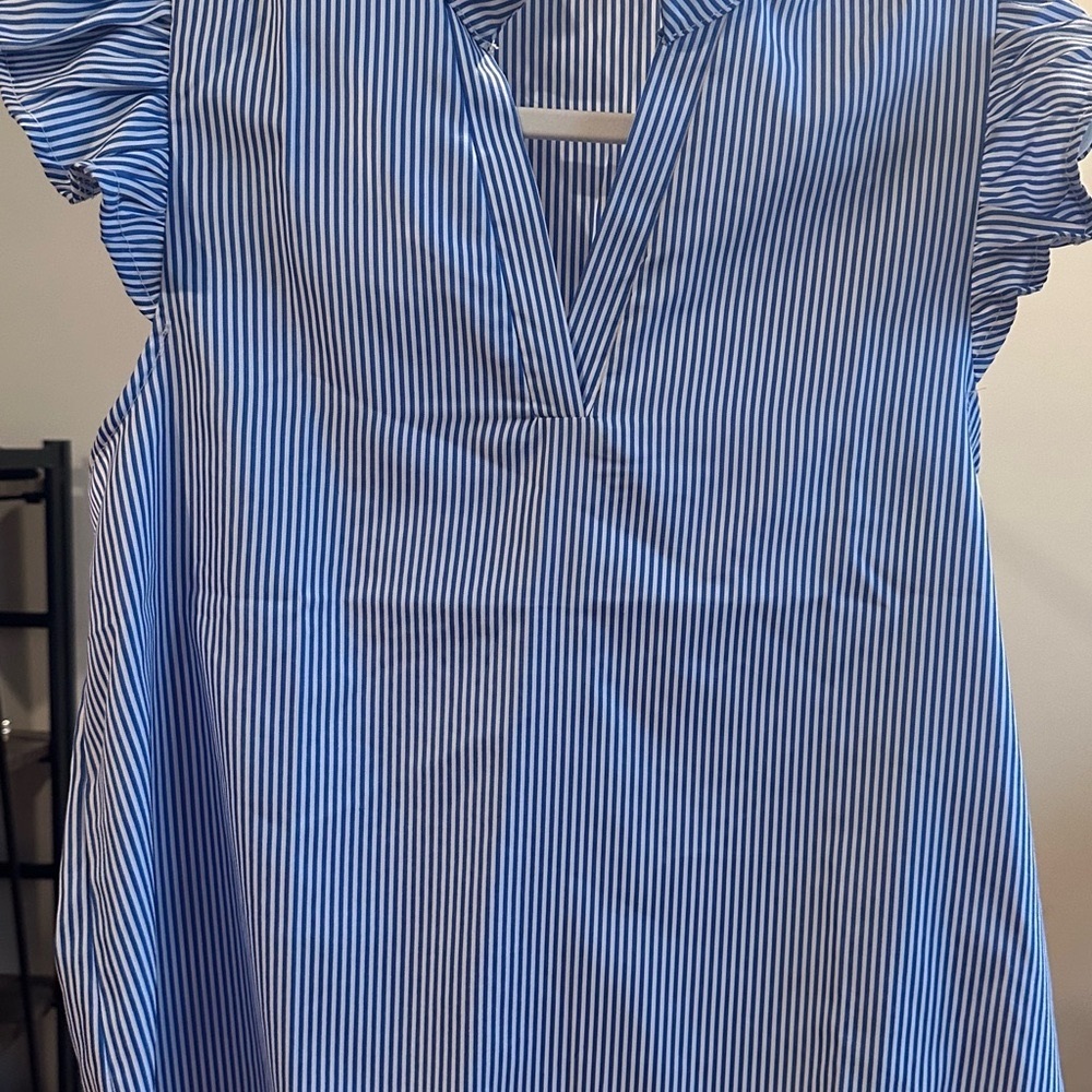 Blue white stripe blouse with ruffle sleeves